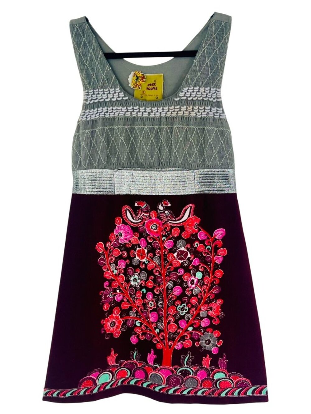 VTG Free People Empire Waist Beaded Tree Of Life Velvet Mini Dress 8| Whimsigoth